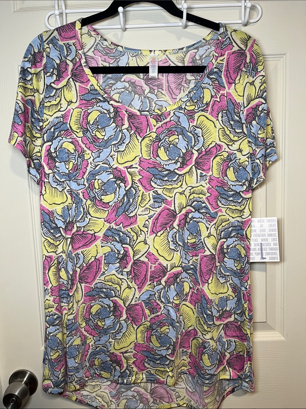 LuLaRoe Floral V-Neck Short Sleeve Top - Pink, Blue & Yellow